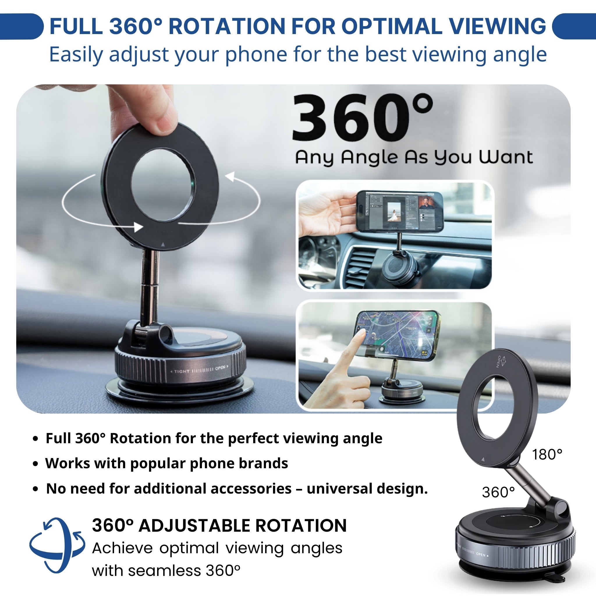360° Adjustable Vacuum Magnetic Suction Cup Phone Holder Mount