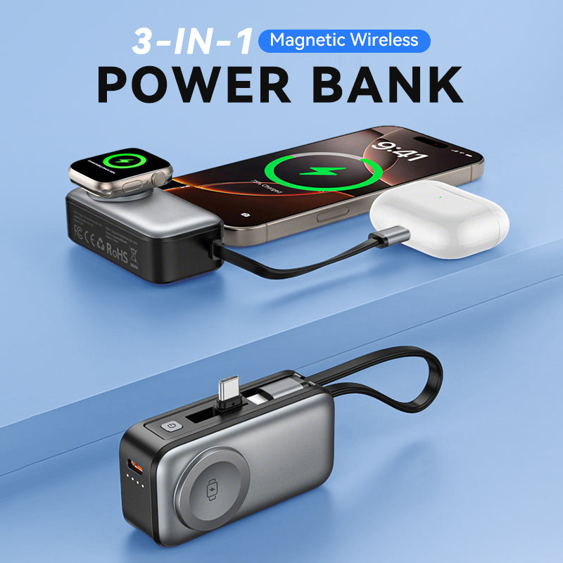 🔋 Orico 3-in-1 Power Bank – Integrated Cable & Foldable Wall Plug – Wireless Watch Charger for iPhone & Android ✈️